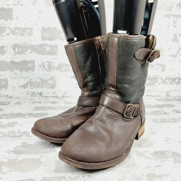 UGG Shearling Brown Leather Mid Calf Silver Buckles Detail Winter Boots I464 - Picture 2 of 13